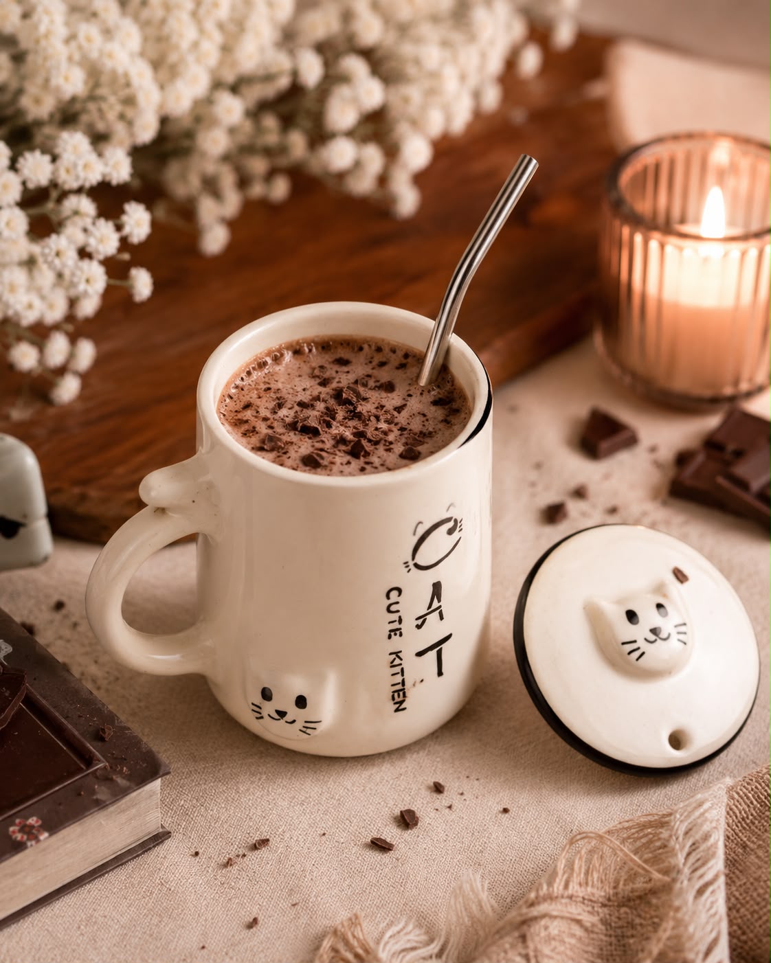 A white ceramic mug filled with a hot chocolate drink and a metal spoon, shown on a styled tabletop with a matching lid, chocolate pieces, dried flowers, and a lit candle.