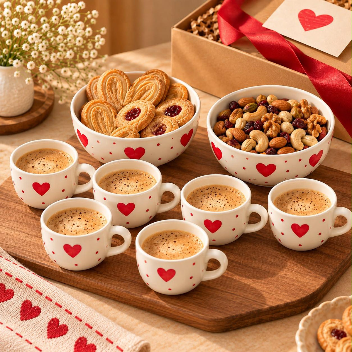 6 ceramic heart mugs with 2 matching serving bowls set
