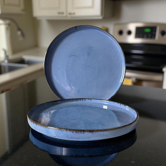 Two blue ceramic plates stacked on a kitchen counter with a blurred background
