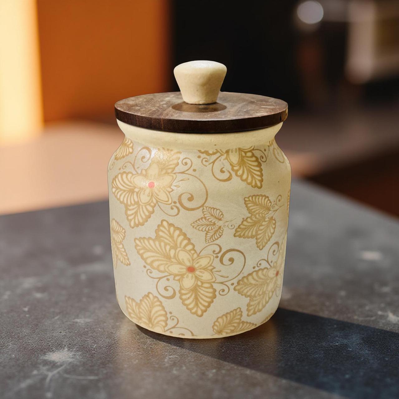 Pastel floral ceramic storage jars with eco-friendly wooden lids, handcrafted for modern kitchen aesthetics by Lupaava.