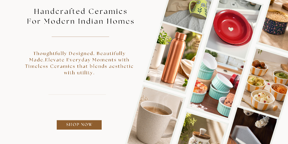 Handcrafted ceramics for modern Indian homes with a 'Shop Now' button.