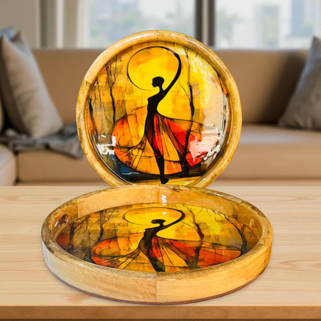 Handcrafted wooden serving tray set with resin dancer art design by Lupaava, perfect for home decor and gifting.
