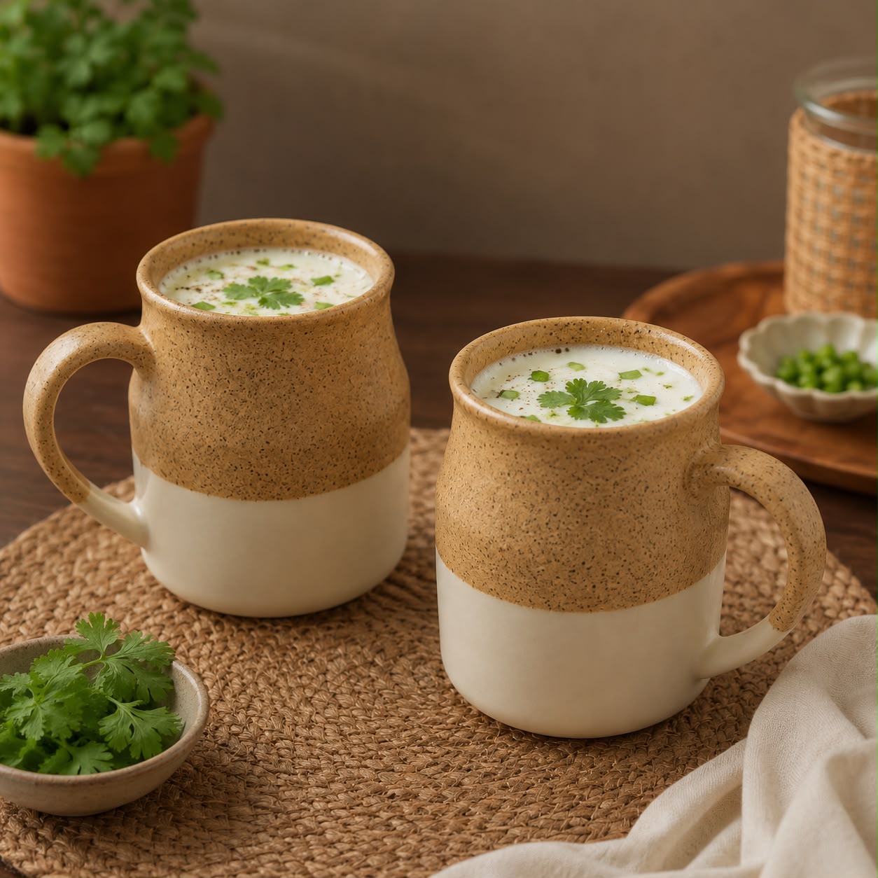 Two ceramic mugs filled with a white beverage and garnished with green herbs, styled on a woven placemat with small bowls of cilantro and a potted plant in the background.