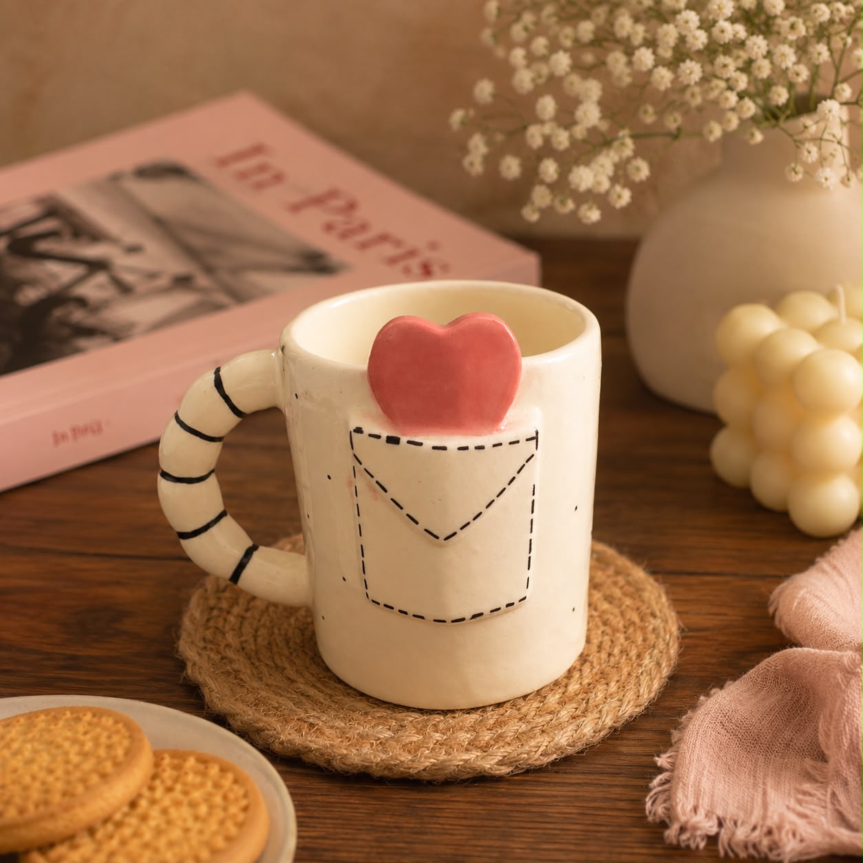 A cream-colored ceramic mug with a striped handle and a stitched pocket design holding a pink heart-shaped object, styled on a woven coaster with cookies, a book, flowers, and candles in a warm indoor setting.