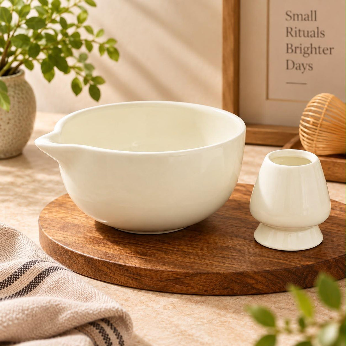 Ceramic matcha bowl with whisk holder for preparing matcha tea
