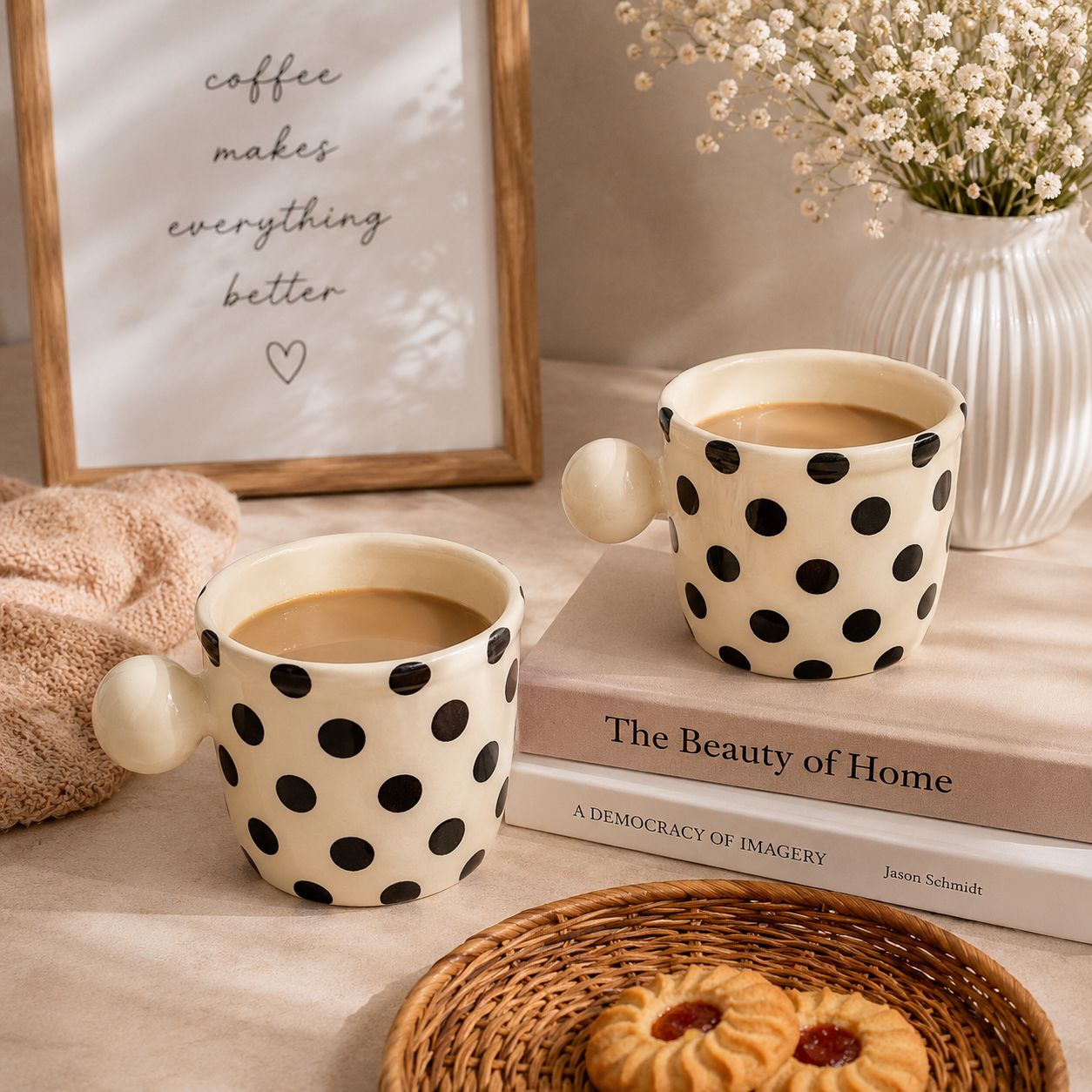 Two cream ceramic mugs with black polka dots and side handles, filled with coffee, styled on books with a vase of flowers, a framed quote, and pastries in the background.