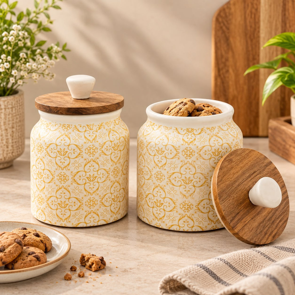 Decorative ceramic pantry storage jars for cookies dry fruits and snacks
