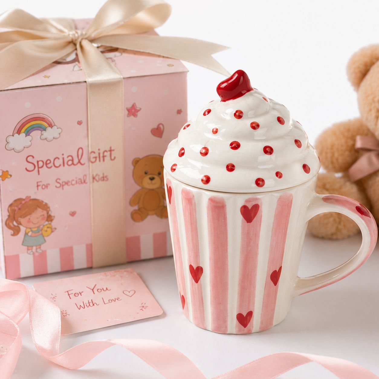 Cute ceramic mug with whipped cream lid and heart design gift box