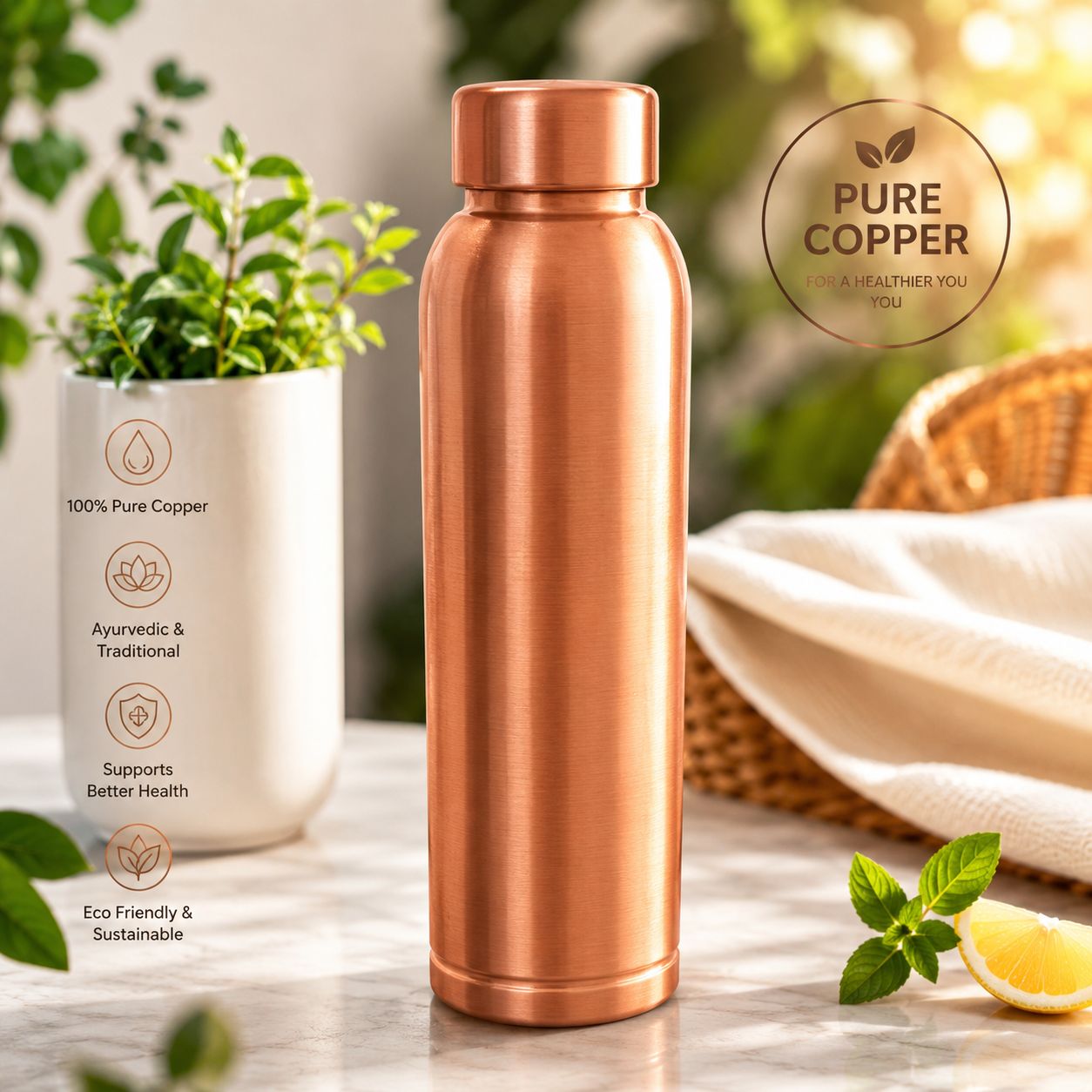 Copper water bottle on a table with greenery and a plant in the background