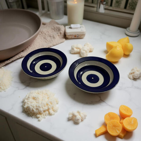 Two blue and white ceramic bowls on a marble countertop with vegetables.