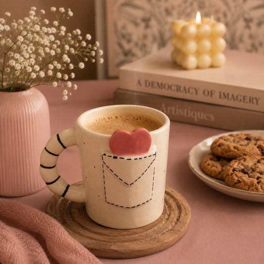 A ceramic mug with a striped handle and a pink heart-shaped pocket detail sits on a wooden coaster on a pink table. The mug is styled with a pink vase of baby's breath, books, a candle, and cookies in a cozy indoor setting.