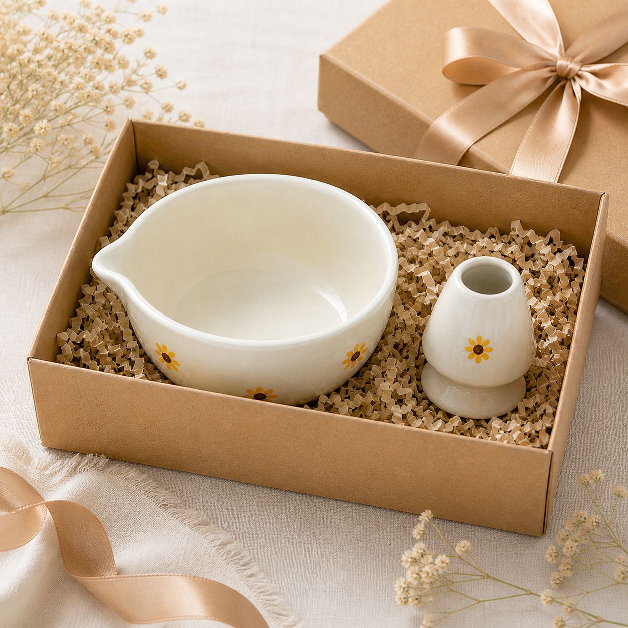Ceramic bowl and vase with sunflower design in a gift box on a light background