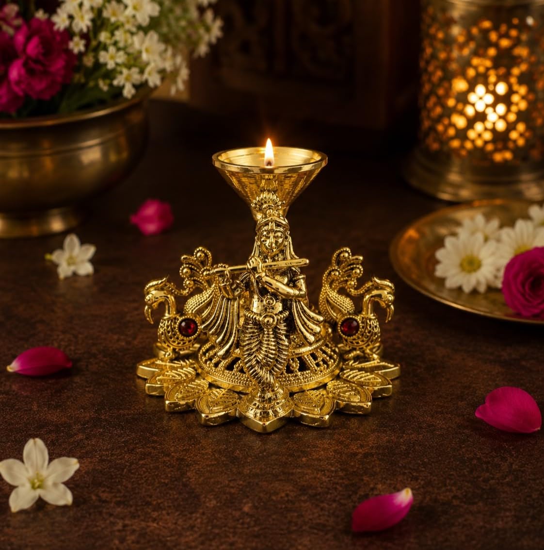 Shri Krishna Brass Diya with Peacock Motifs | Decorative Oil Lamp