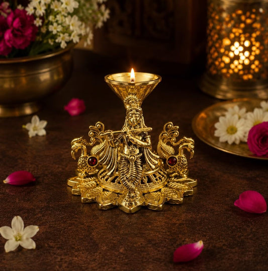 Shri Krishna Brass Diya with Peacock Motifs | Decorative Oil Lamp