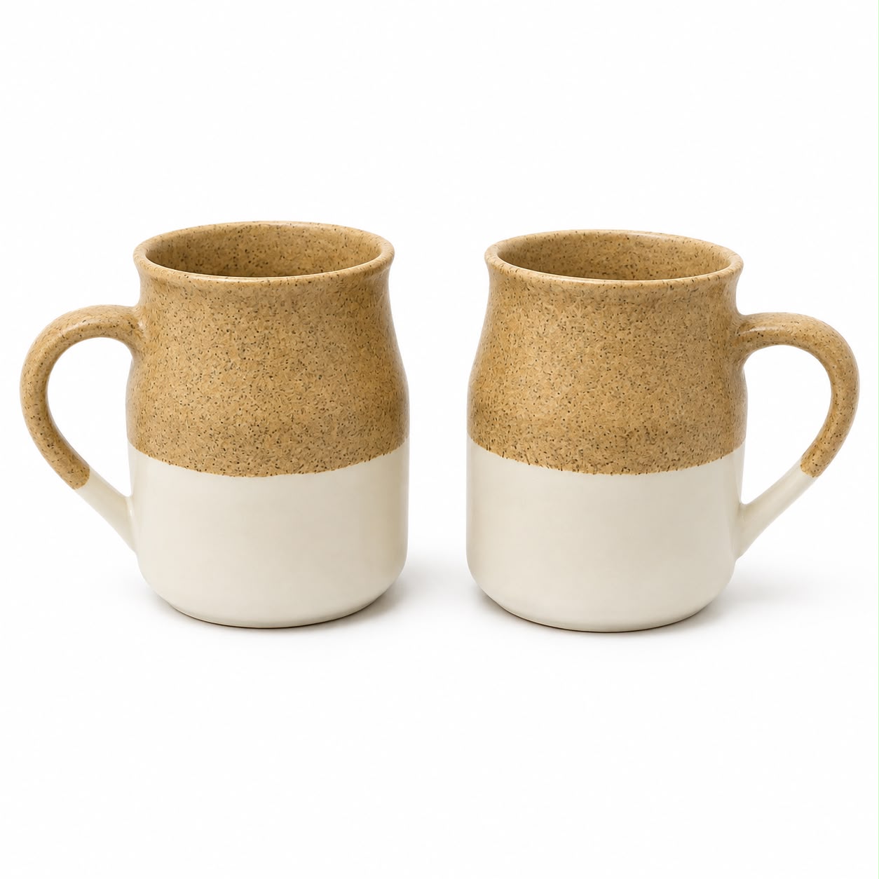Two ceramic mugs with a rustic two-tone design, featuring a speckled tan upper half and a smooth off-white lower half, set against a plain white background.