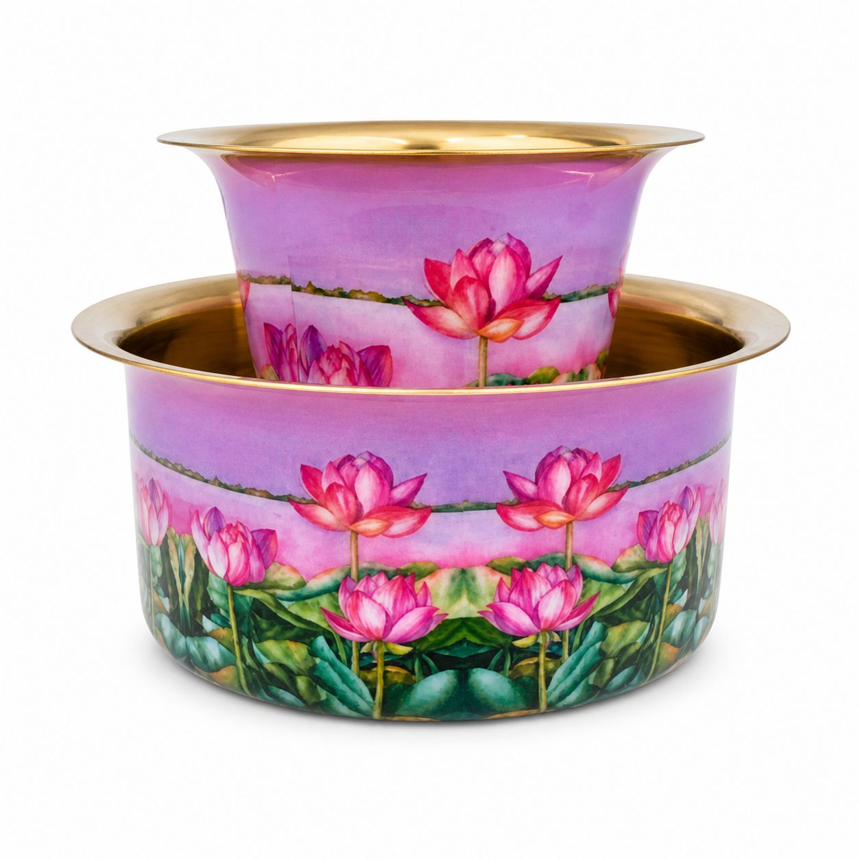 Luxury brass serveware gift set featuring handcrafted lotus print coffee cups and bowl