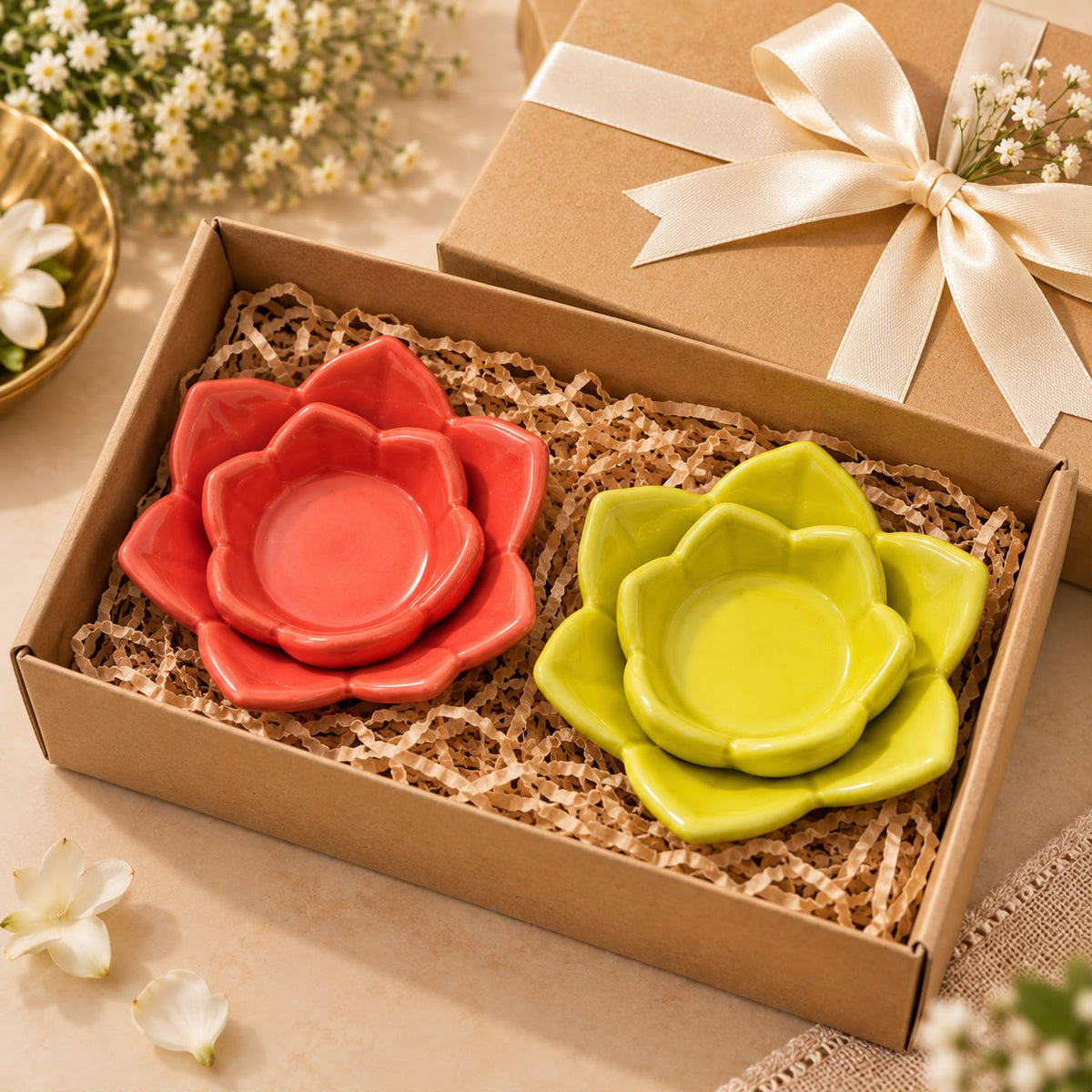 Flower shaped diya stands styled on a festive table
