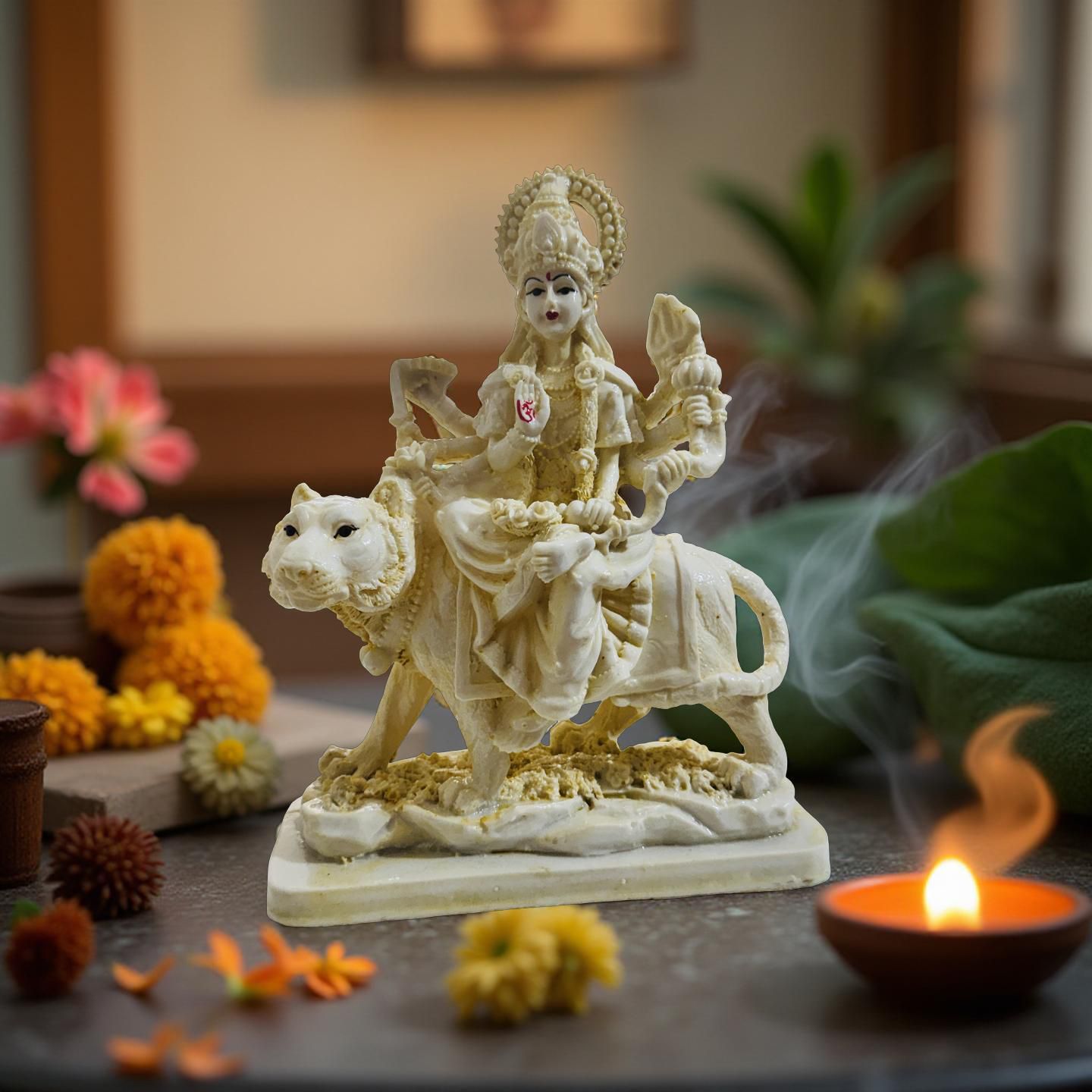 Statue of a deity on a lion with flowers and a lit candle in the background