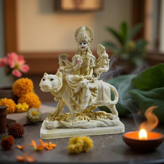 Statue of a deity on a lion with flowers and a lit candle in the background