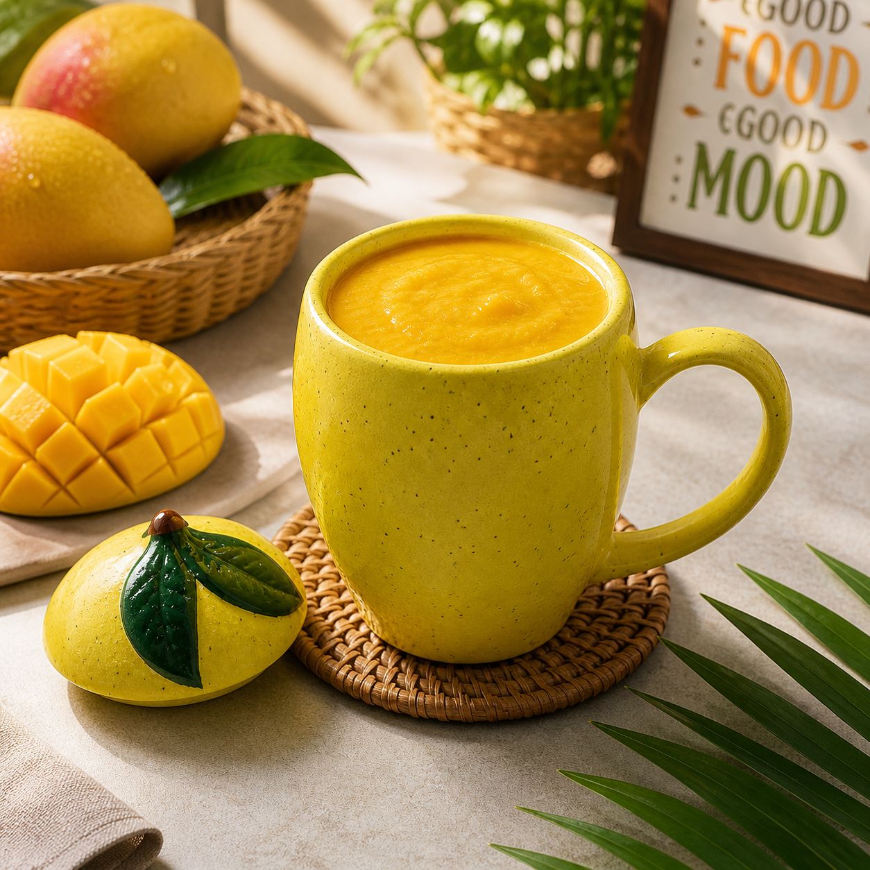 Mango-shaped ceramic mug with lid filled with mango smoothie on a kitchen table with fresh mangoes in the background