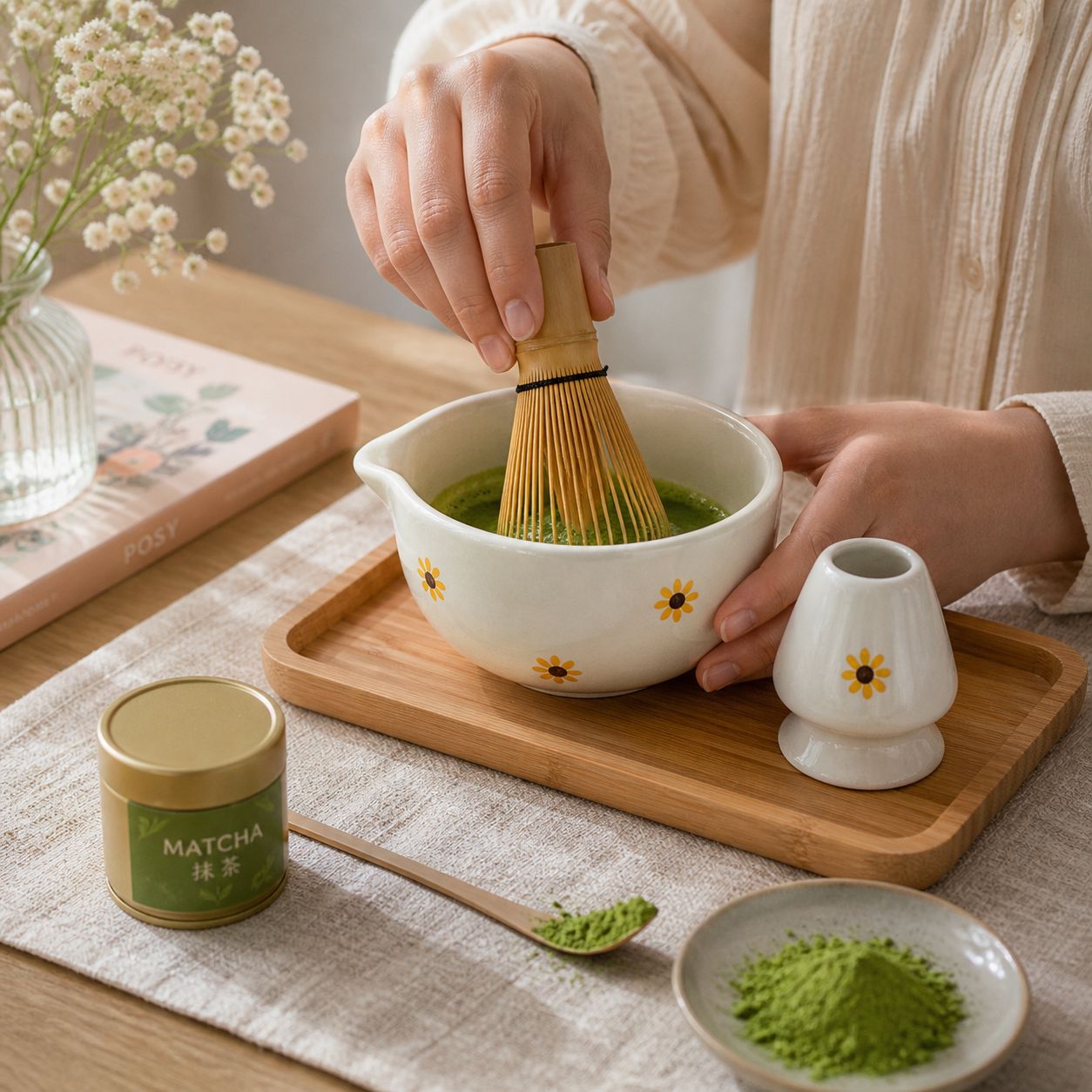 Person making matcha tea with a whisk on a wooden tray.