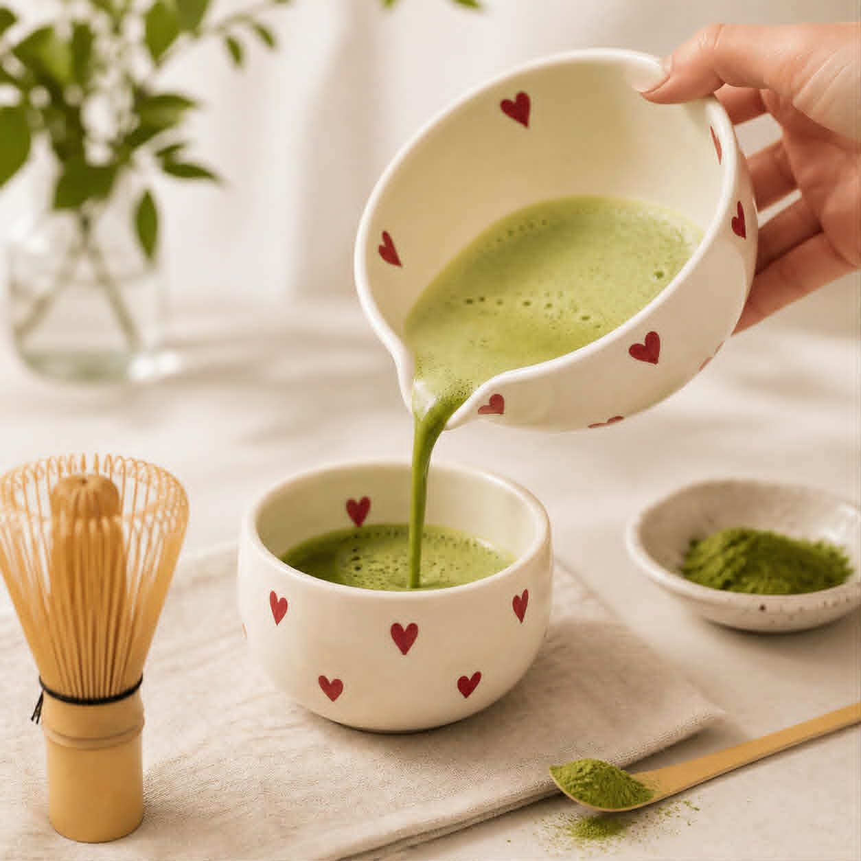 Matcha green tea being poured from a small white bowl with red heart patterns into another bowl on a light surface.