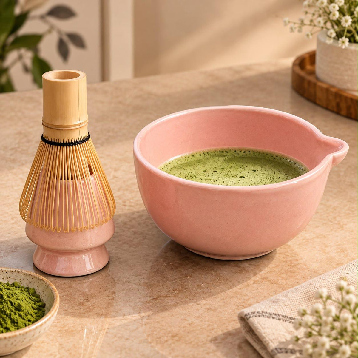 Ceramic matcha bowl with whisk holder for preparing matcha tea