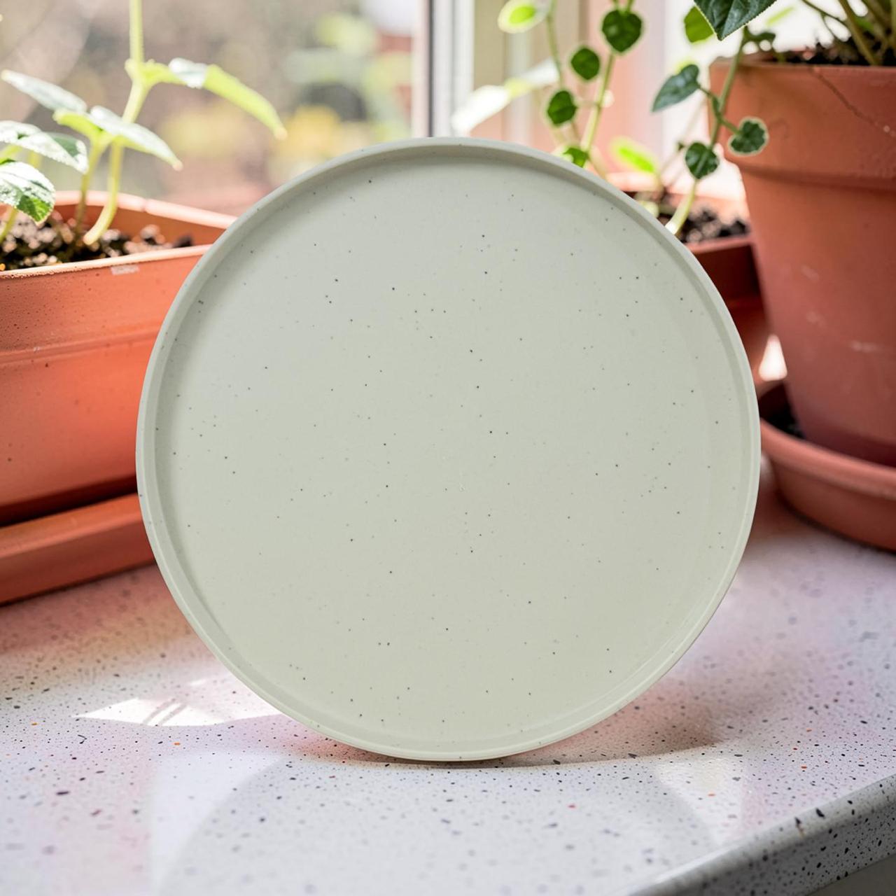 Round melamine plate on a speckled countertop with potted plants in the background