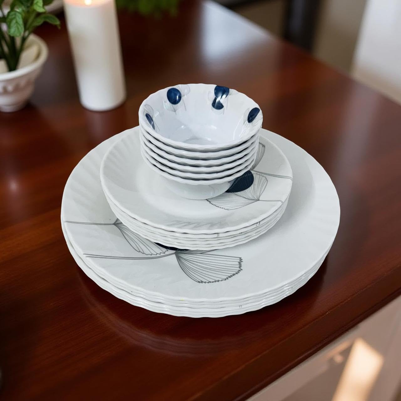 Premium Melamine 18 Piece Dinner Set | Floral White Dinnerware Set for Family