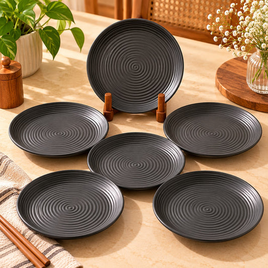 Set of 6 black melamine side plates for snacks, starters and everyday serving