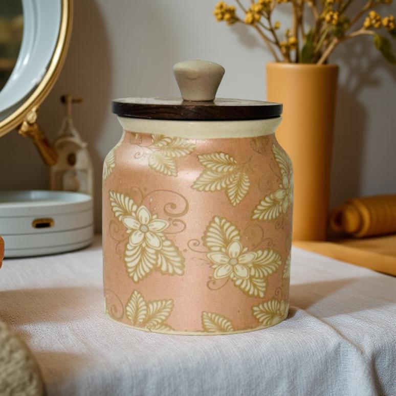 Vintage Blossom Ceramic Jar Set with Wooden Lid - Set of 2