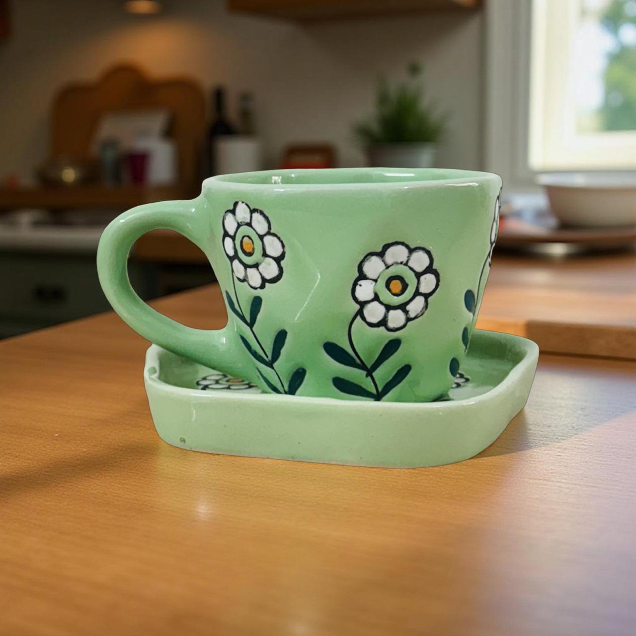 Green ceramic cup with floral design on a matching saucer, placed on a wooden surface.
