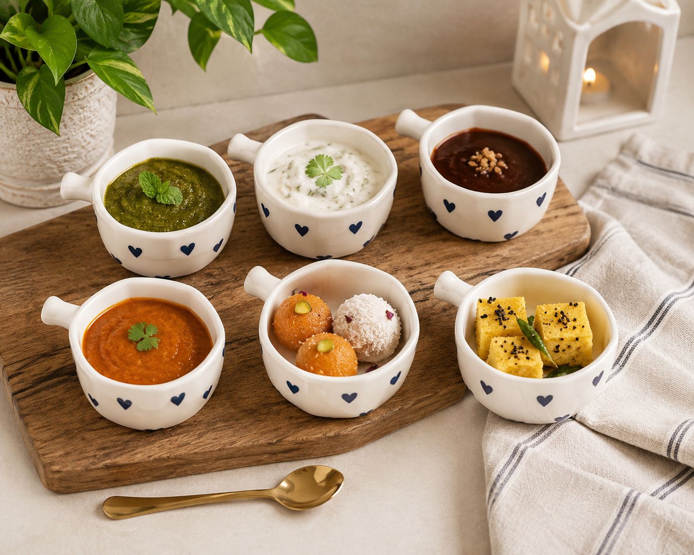 Six small white ceramic bowls with dark blue heart patterns are arranged on a wooden serving board, each filled with a different food dish. The setting includes a spoon, a striped cloth, a potted plant, and a lit lantern in the background, creating a warm, cozy dining atmosphere.