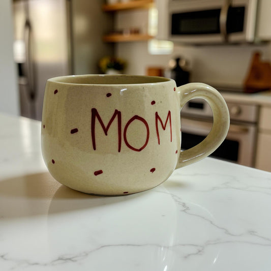 White mug with 'MOM' written on it in a kitchen setting