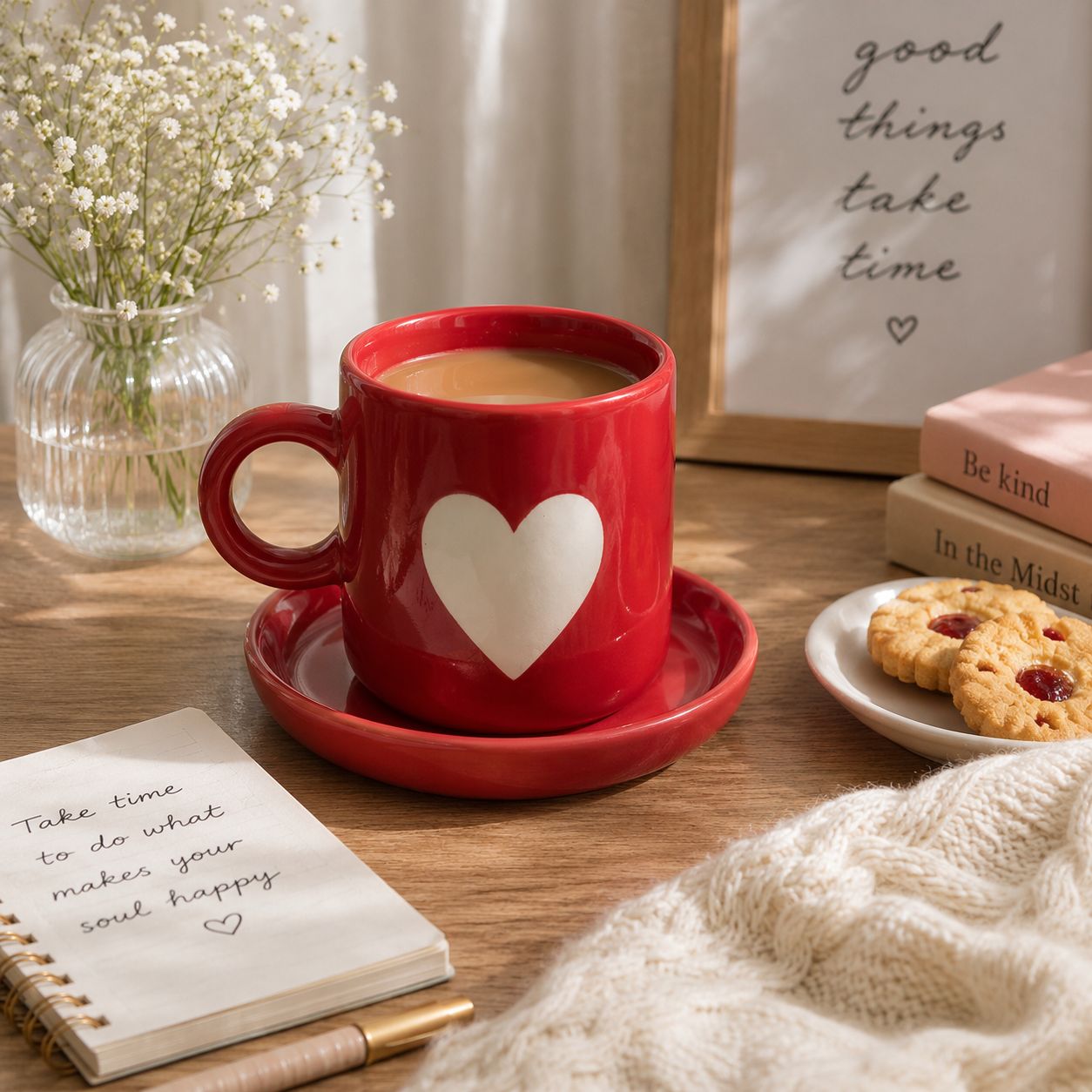 A red ceramic coffee mug with a white heart on a matching saucer, set on a wooden table with a notebook, cookies, flowers, and cozy home decor in the background.