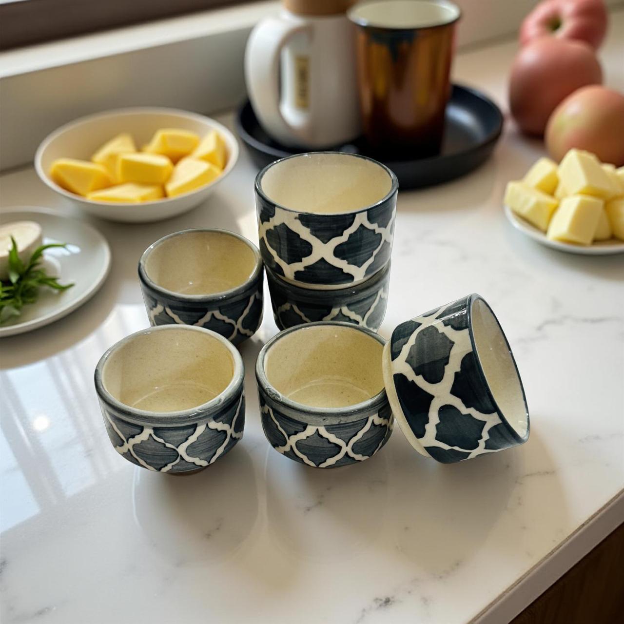 Set of 6 printed ceramic chutney bowls in festive design – perfect for gifting