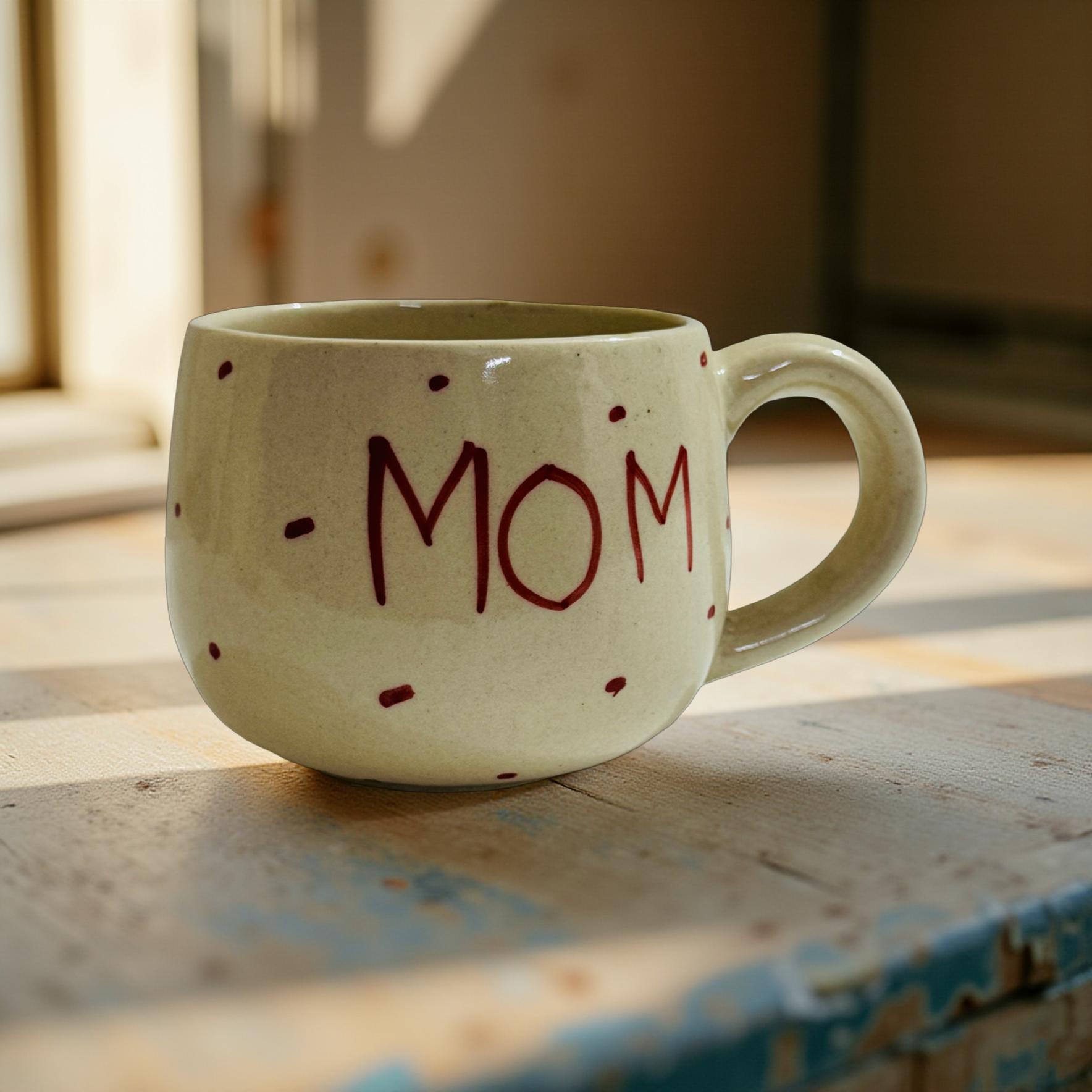 White mug with 'MOM' written on it, sitting on a wooden surface.
