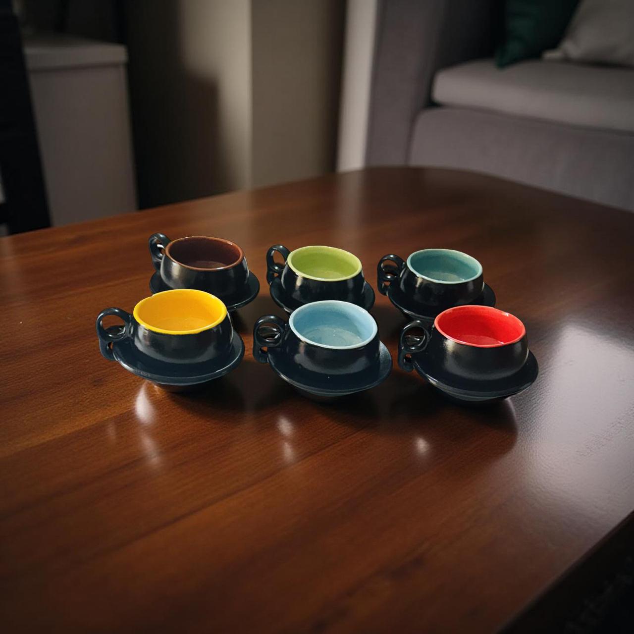 Set of colorful ceramic cups and saucers on a wooden table
