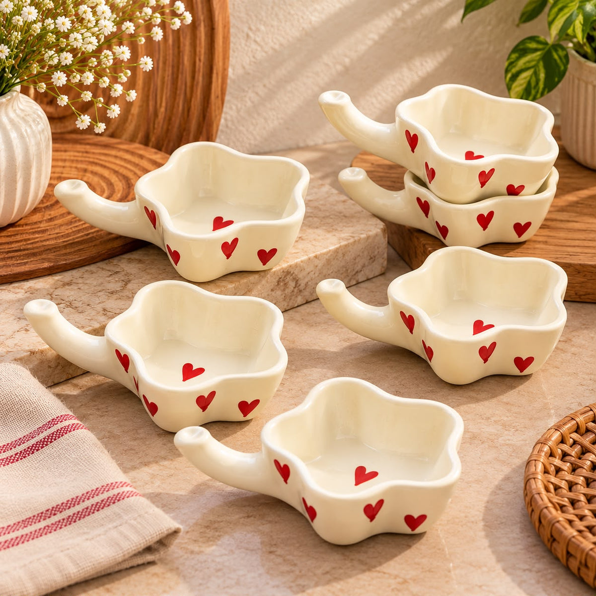 Red heart pattern ceramic dishes for serving namkeen dry fruits and snacks