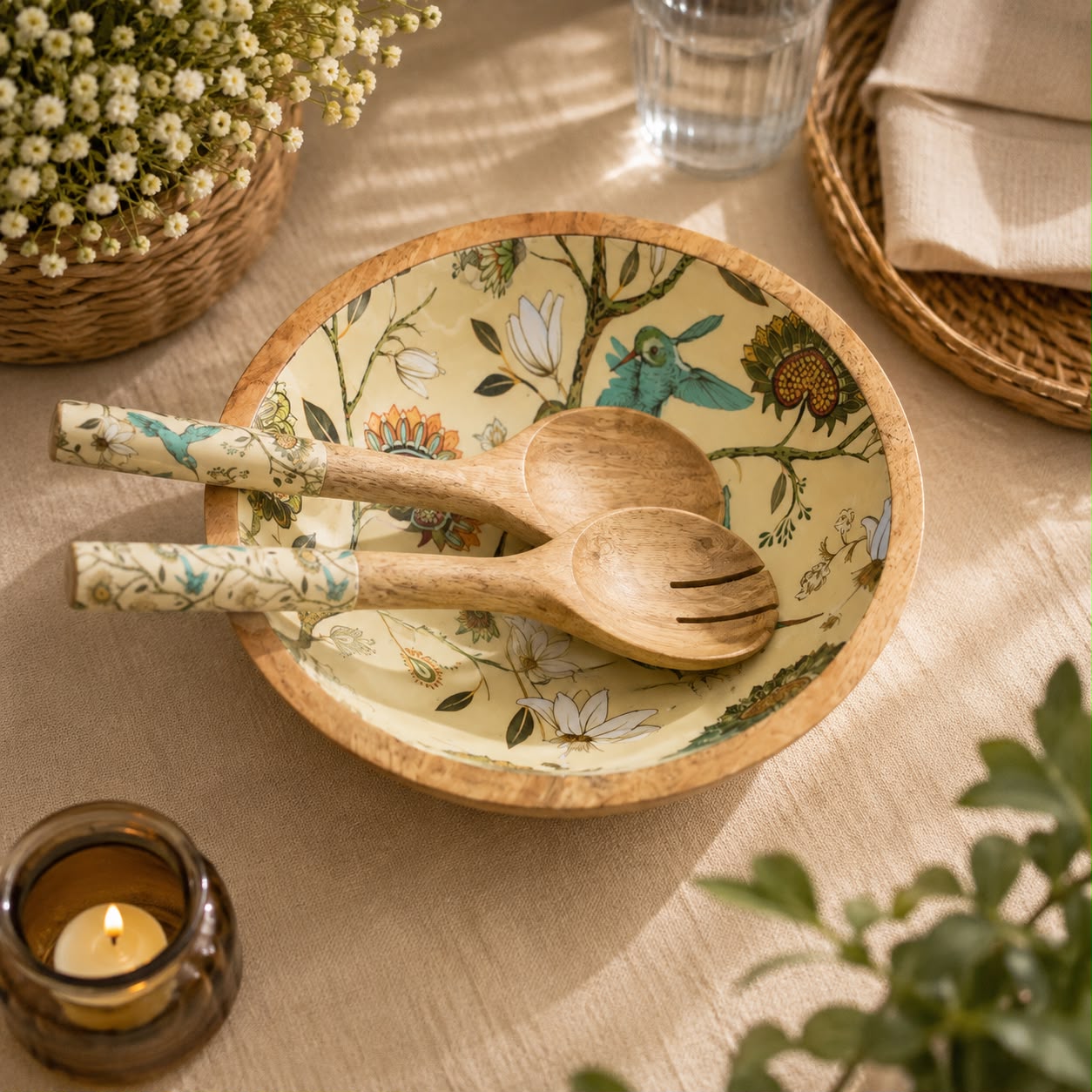 Floral wooden salad serving bowl with matching wooden serving spoons