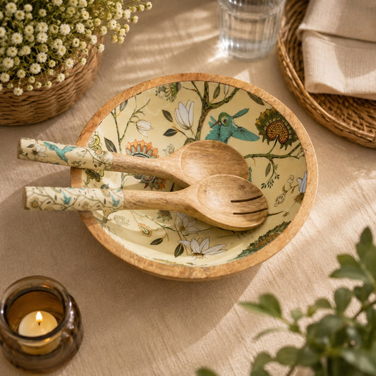 Floral wooden salad serving bowl with matching wooden serving spoons