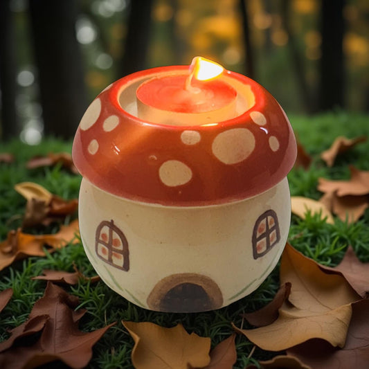 Ceramic mushroom-shaped candle with a lit candle inside on grass with leaves