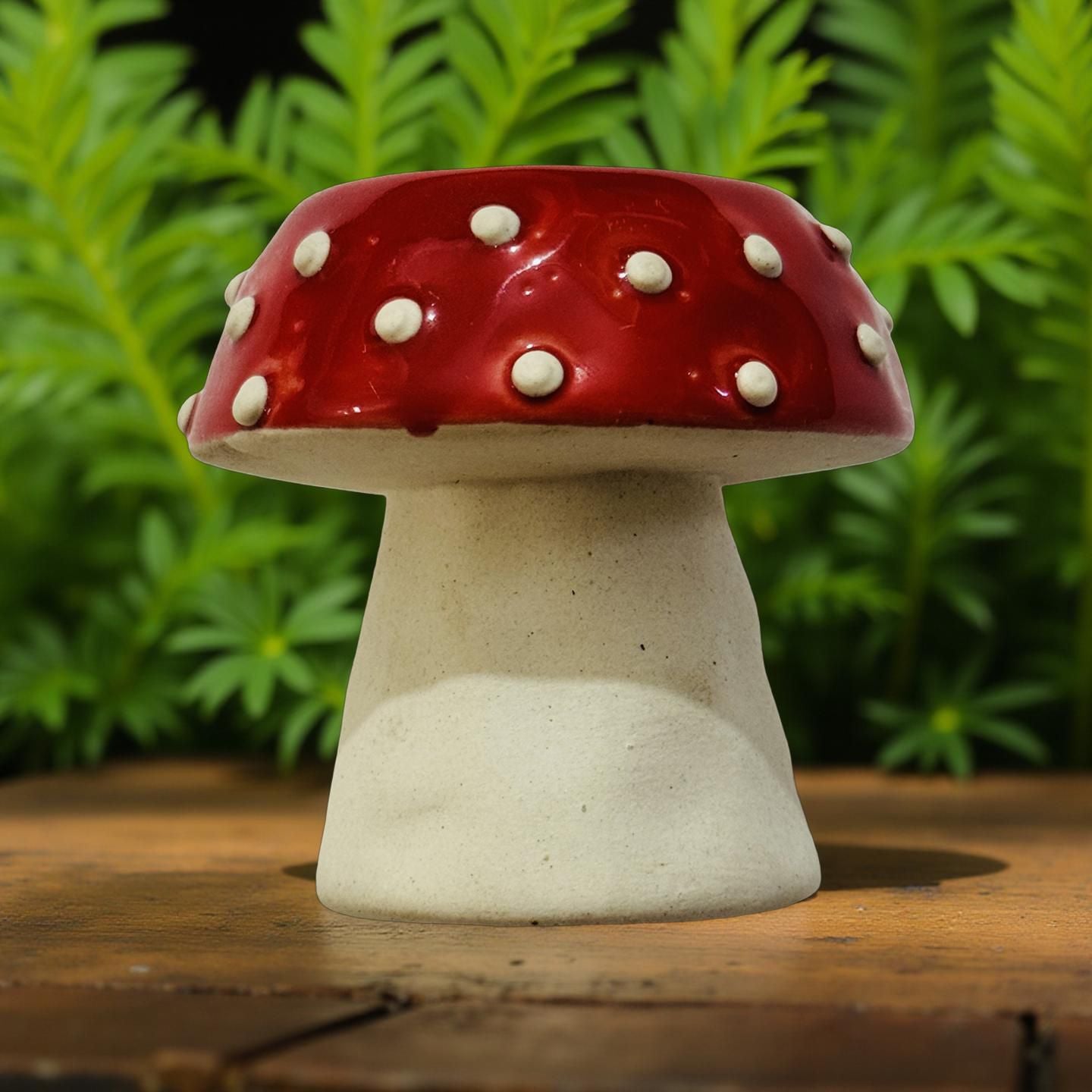 Ceramic mushroom with red cap and white spots on a wooden surface with green foliage in the background
