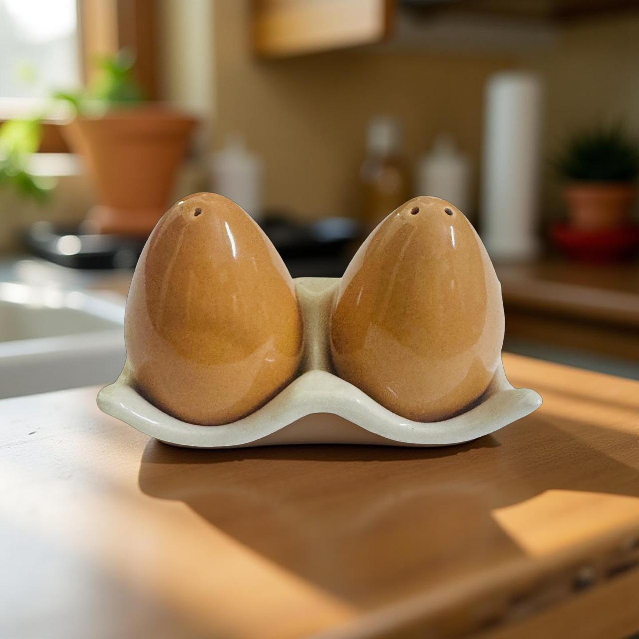 Brown ceramic salt and pepper shakers on a matching holder on a kitchen counter.