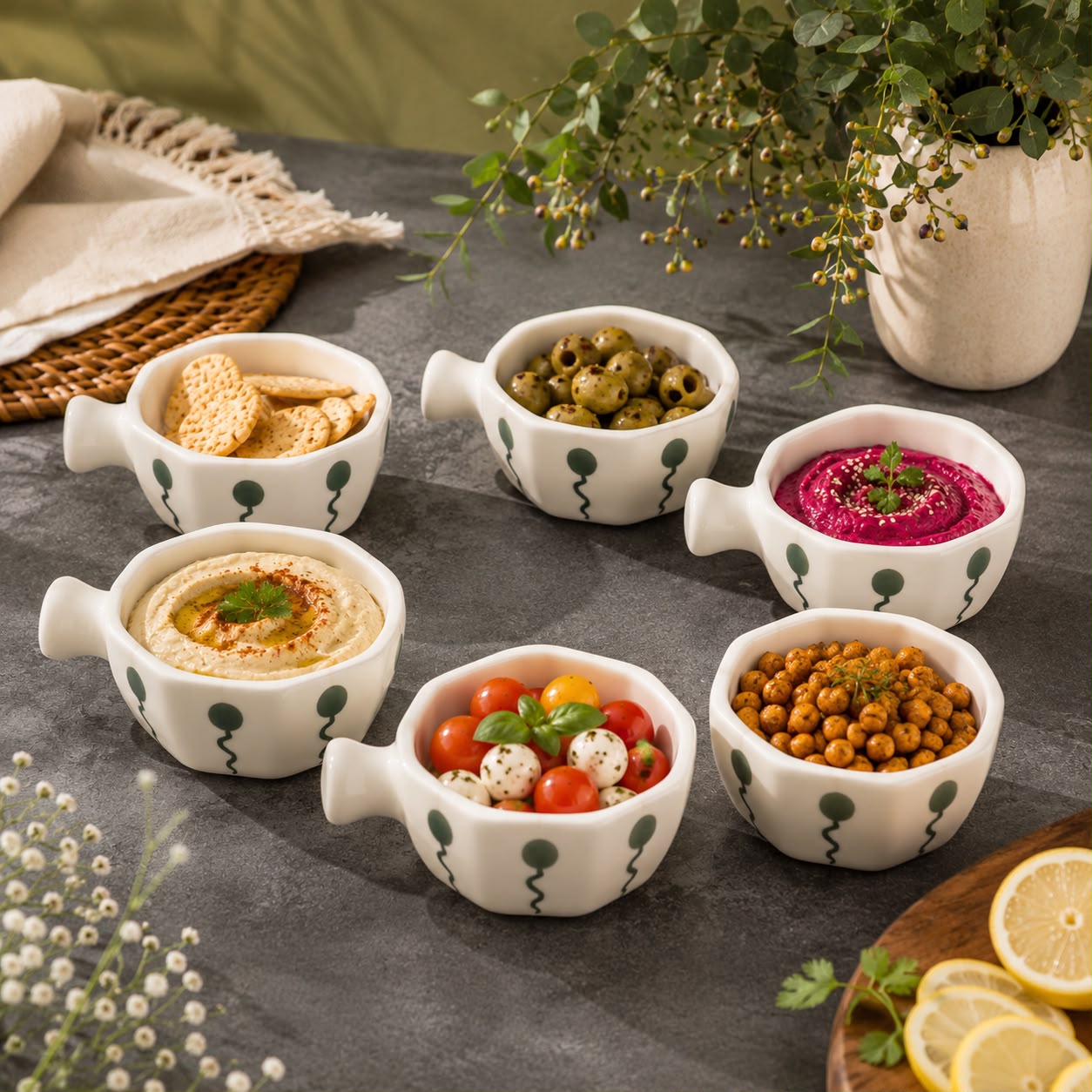 Six small white ceramic bowls with dark green wavy line patterns, arranged on a dark tabletop with food items in each bowl, including crackers, olives, hummus, a pink dip, cherry tomatoes, and chickpeas.