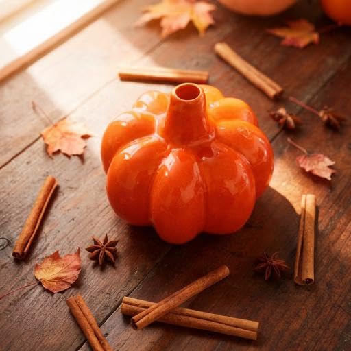 Pumpkin-shaped candle on a wooden surface with cinnamon sticks and leaves