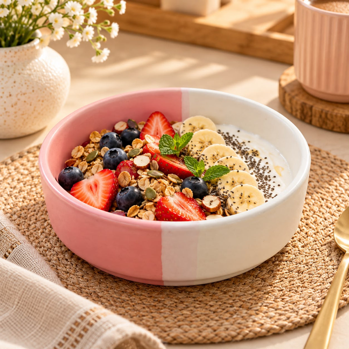 Pastel pink and white ceramic breakfast bowl with fruit and granola