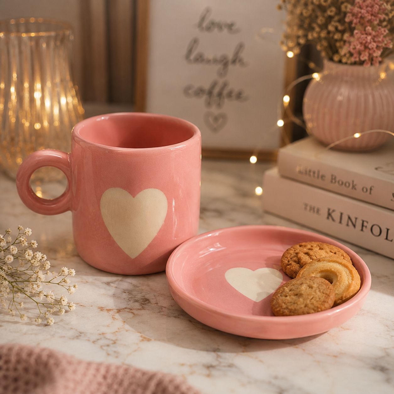 A pink ceramic mug and matching saucer with a white heart design, styled on a marble surface with cookies, books, string lights, and decorative flowers in a cozy indoor setting.