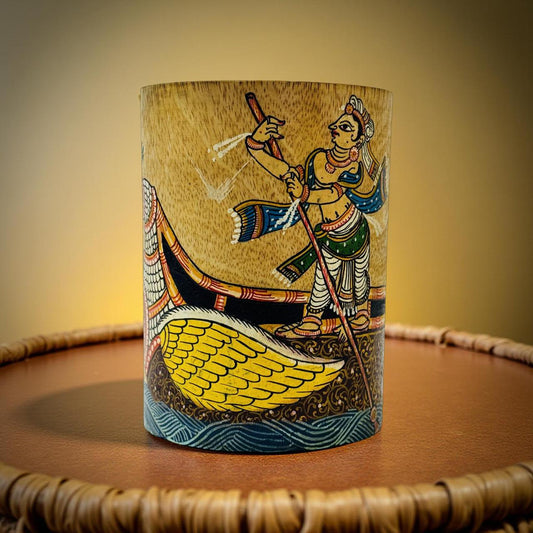 Handpainted wooden holder with colorful Pattachitra boatman artwork – ideal for art-loving youth and creative workspaces