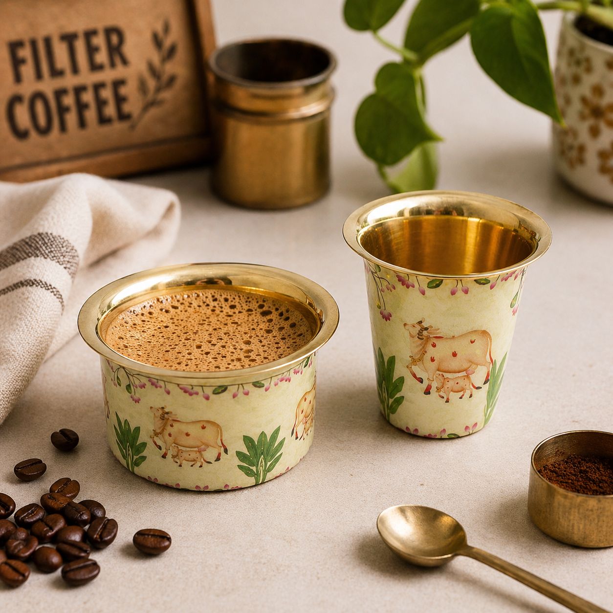 Handcrafted brass dabra set with vintage cow print design for traditional South Indian filter coffee serving